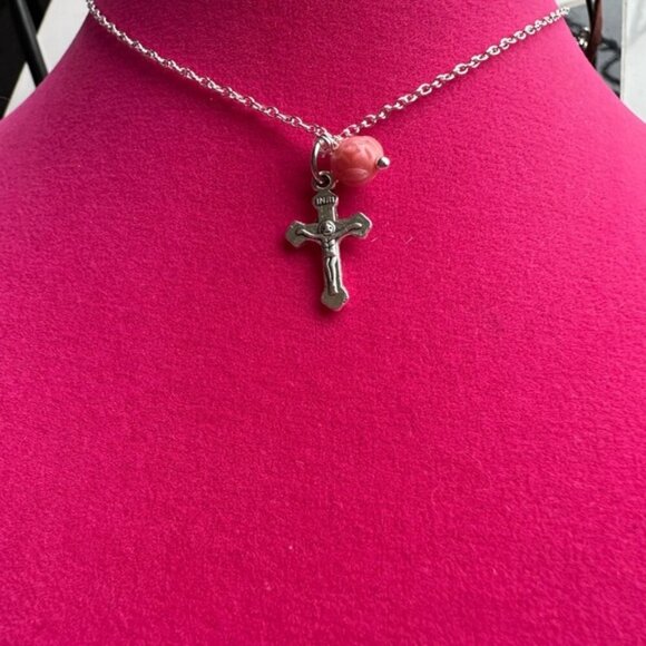 Silver Cross Pendant Necklace with Pink Bead - Picture 2 of 3